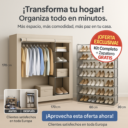 (Kit Completo) Armario Ropero con Cubierta de Tela no Tejida 167x170x45 cm + Zapatero 9 niveles 160x60x30cm de Regalo - PROMOCION CIERRE DE LA TIENDA