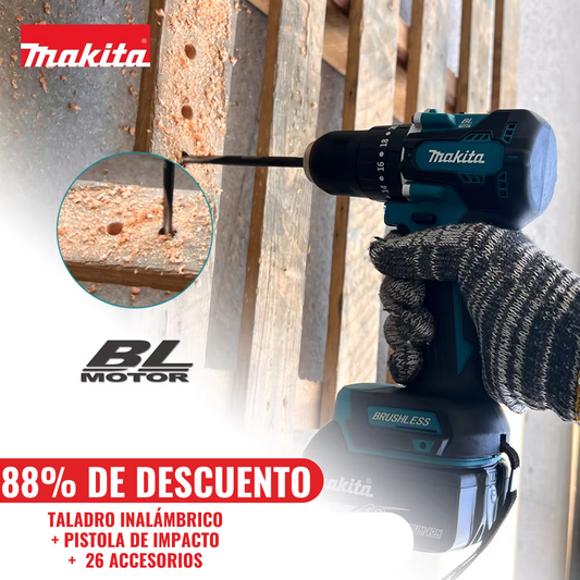 KIT MAKITA ORIGINAL: TALADRO INALÁMBRICO con PISTOLA DE IMPACTO + 26 ACCESORIOS + 2 BATERIAS - PROMOCION CIERRE DE LA TIENDA